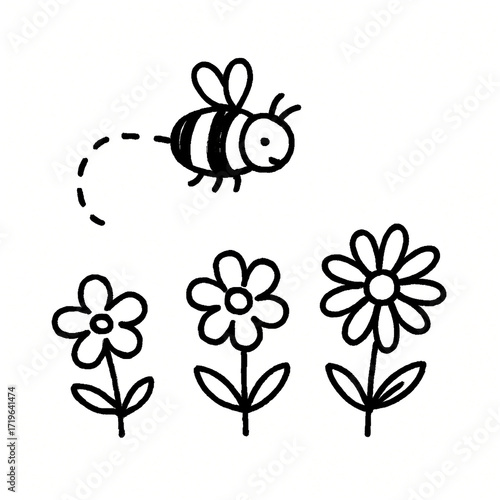 Cute cartoon bee flying over simple flowers in a garden illustration