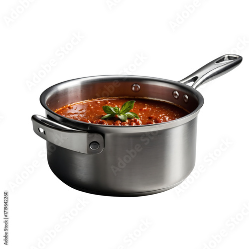 Saucepan filled with delicious tomato sauce isolated on transparent background