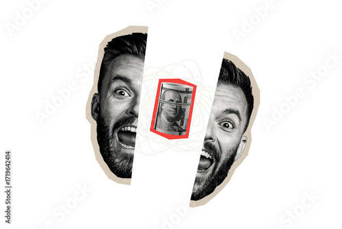Composite trend artwork sketch image photo collage of young man divided half sad face headache tired scream line money profit roll dollar