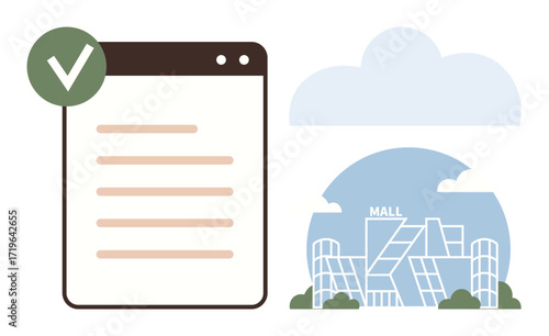 Approved checklist displayed alongside a modern shopping mall facade under light clouds. Ideal for retail, organization, shopping, validation, task management, planning, consumer services. Clear