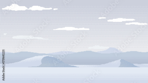 Pixel art background of a frozen landscape with snowy hills and cloudy sky. Minimal retro 8-bit style vector illustration for 2D games, digital art and fantasy environments.