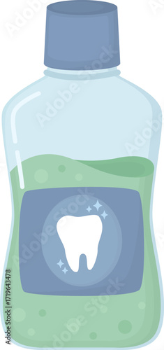 Plastic bottle with green mouthwash isolated on white background. Illustration of dental hygiene product