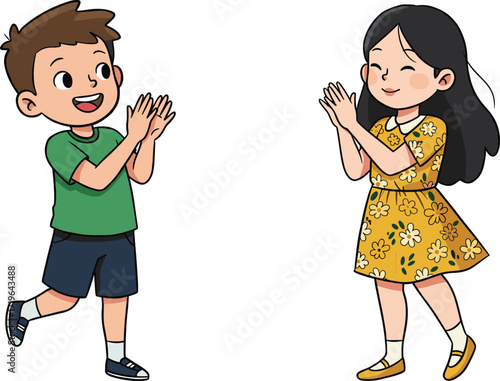 Cartoon children clapping hands, happy boy and girl illustration, playful kids vector, joyful childhood activity, smiling characters, fun friendship artwork