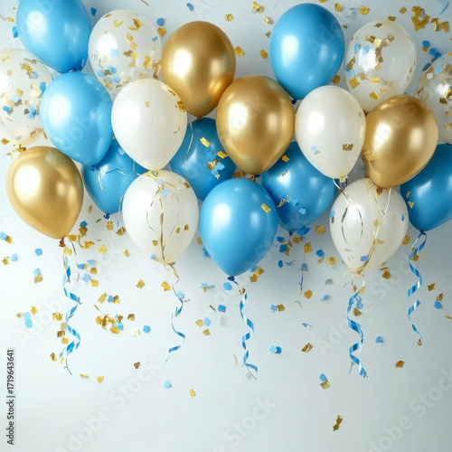 Holiday background with golden and blue metallic balloons confetti and ribbons