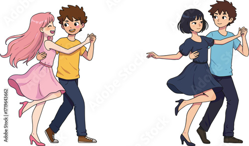 Cartoon couple dancing illustration, happy man and woman artwork, romantic ballroom vector, joyful dance design, animated characters, relationship movement drawing
