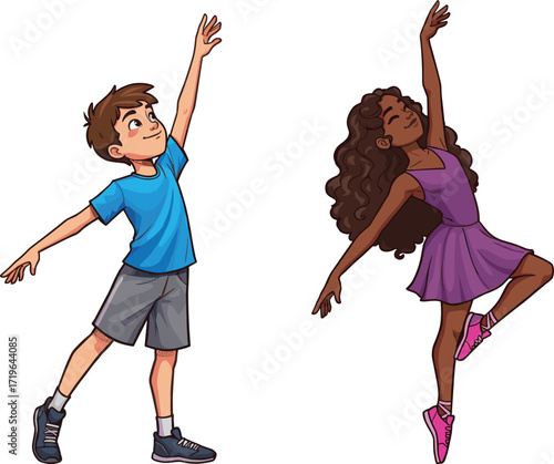 Happy kids dancing illustration, boy and girl cartoon, children activity drawing, playful movement art, joyful childhood vector, energetic pose design