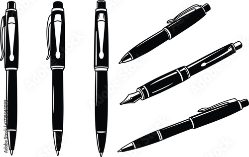 Set of black ink pens, ballpoint pen collection, fountain pen illustration, stationery vector, office writing tools, professional drawing design