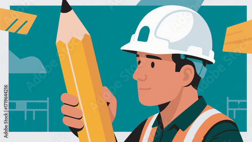 Illustration Of A Worker Carrying A Large Pencil Vector Design Template