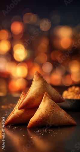 Golden triangular samosas on dark surface, bokeh background