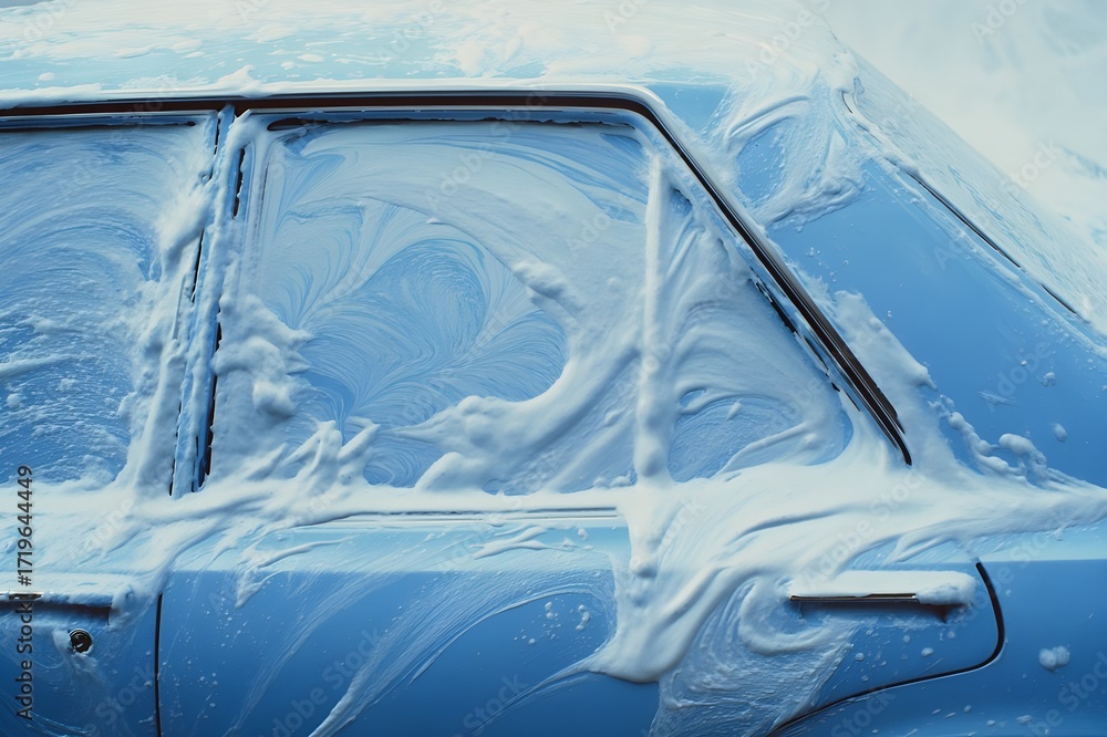 Obraz premium Analog close-up of a royal blue car being washed, the surface completely covered in soap scum. The foam is thick and uneven, streaking the windows and metal body in expressive gestures