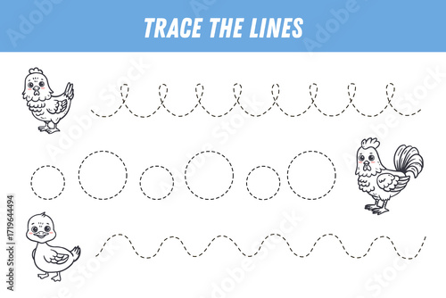 Tracing lines for kids. Cute cartoon birds: chicken, duck, rooster, hen. Handwriting practice. Educational game for preschool kids. Activity page. Vector illustration.