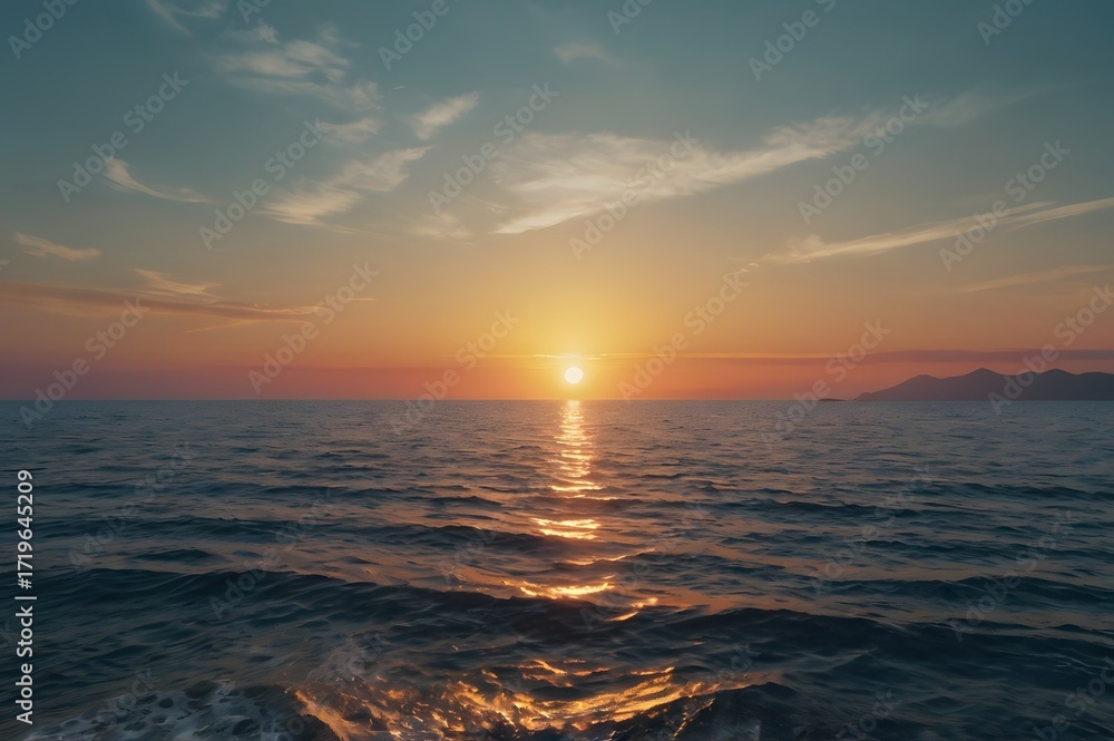 Obraz premium Sunset Over Ocean with Calm Water and Distant Mountains