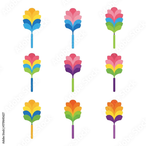 Colorful Feather Duster Icons Modern Design with Vibrant Petals and Handles.