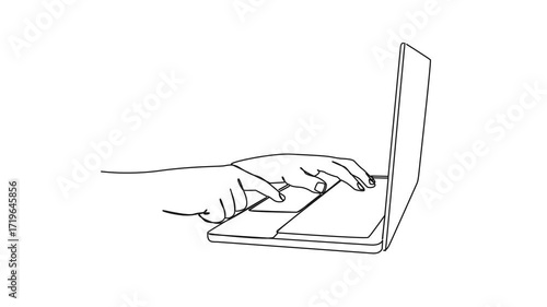 animated continuous single line drawing of hands of person using laptop computer, line art animation