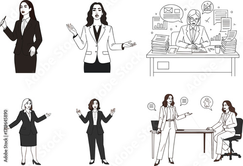 business, woman, office, meeting, presentation, multitasking, laptop, workspace, icon, vector, illustration, black, white, leadership, career, productivity, team, document, desk, role