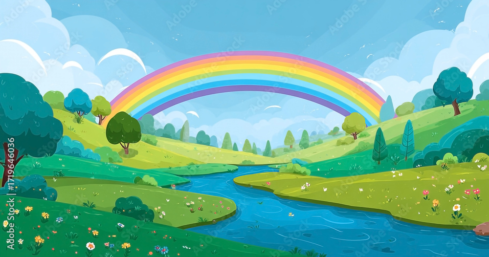 Fototapeta premium Vibrant riverside landscape with rainbow arching over lush green hills