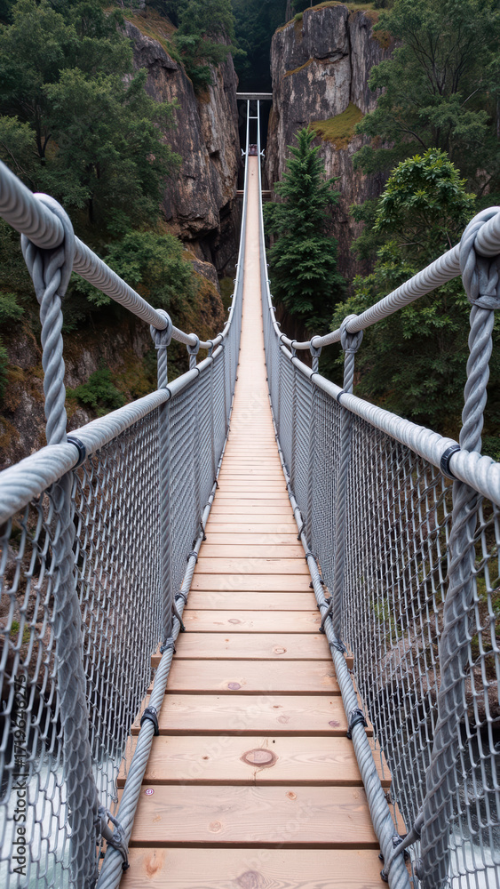 Fototapeta premium Stunning suspension bridge stretches across deep gorge, surrounded by lush greenery and rocky cliffs. wooden pathway invites adventure