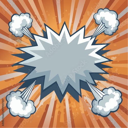 Retro comic book explosion graphic with emanating smoke clouds and sunburst background