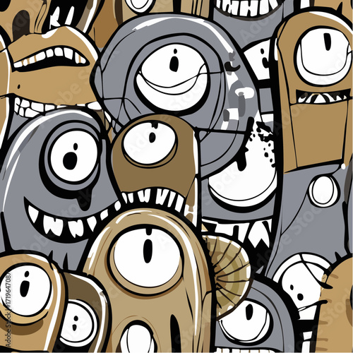 Whimsical and Playful Cartoon Monsters with Big Eyes and Grinning Mouths, a Vibrant and Fun Graphic Illustration