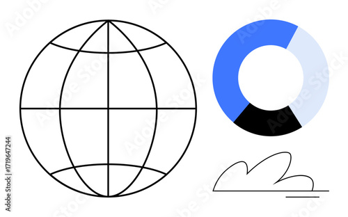 Globe outline, circular chart with blue, black, and white sections, and a simple cloud. Ideal for technology, data, global reach business strategy analytics communication simplicity. Flat modern