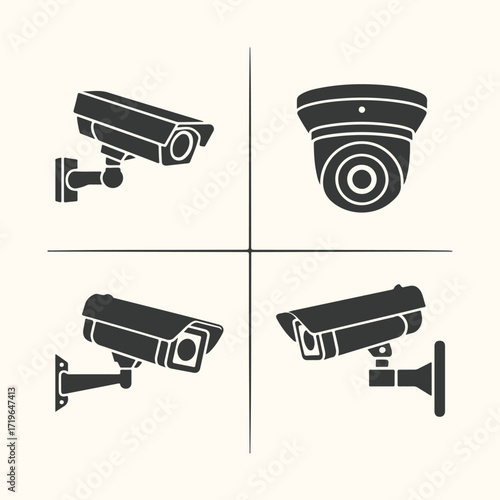 Vector art of collection of four different security camera icons, surveillance equipment, cctv system, monitoring device, and security technology, isolated on a light background