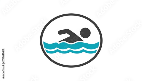 Simple, circular icon depicts a person swimming in teal water, encircled by a black outline.