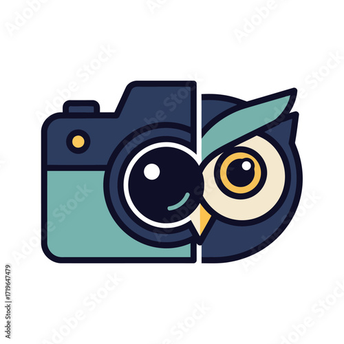 Creative vector icon illustrating the duality between a camera and an owl, a symbol for wise photography
