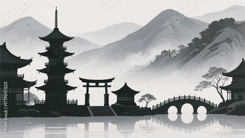 Illustration Of A View Of An Ancient Traditional Japanese Building Vector Design Template