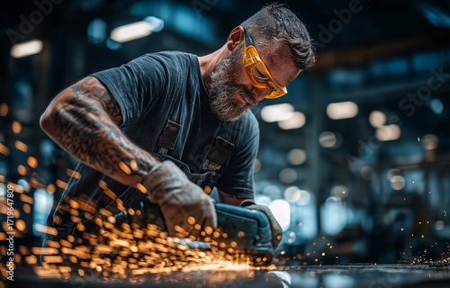 Industrial worker with beard and tattoos using grinder with flying sparks at factory. Concept of welding, manufacturing, craftsmanship, safety, engineering, labor, metal industry and technology.