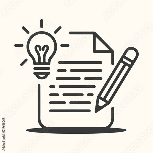Vector art of a stylized illustration of a light bulb symbolizing an idea, next to a document with text and a pencil, representing writing or creation, isolated on a light beige background