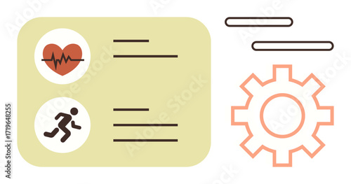 Heartbeat and running icons on a beige card next to a simple gear outline and text lines. Ideal for health tracking, fitness planning, medical data, app design, technology, wellness, simple flat