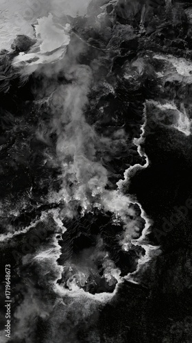 geothermal. Black-and-white satellite image of a newborn island glowing with geothermal energy in glacial waters. ESG reports.