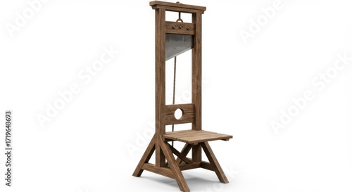 A vintage wooden guillotine isolated on white background evoking historical punishment and