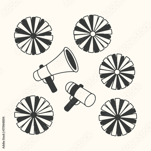 Vector art of a graphic illustration featuring two megaphones and six starbursts, symbolizing communication, announcement, and attentiongrabbing