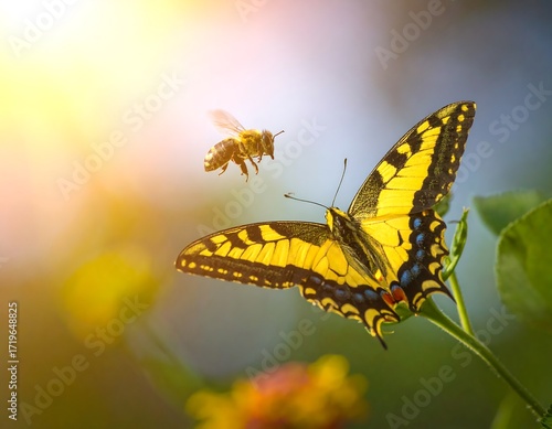 A butterfly and bee in a vibrant sunlit garden
