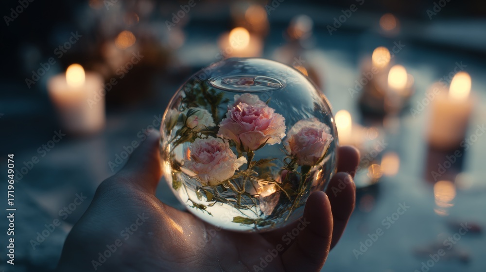 Fototapeta premium Hand holding glass orb with pink flowers and candles in soft candlelight