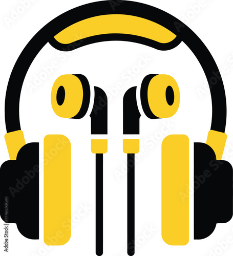 Stylized black and yellow headphones and earbuds icon