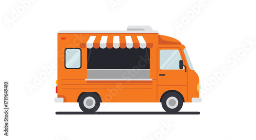 Bright orange food truck with striped awning ready for serving delicious street food isolated on white background