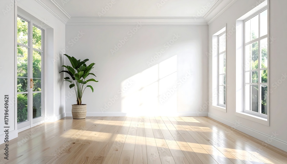 Fototapeta premium A sunlit, empty room with large windows and a potted plant, showcasing a bright and airy ambiance.