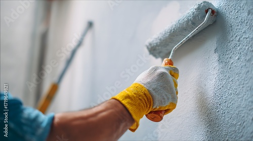 Worker painting wall with roller brush and gloves.