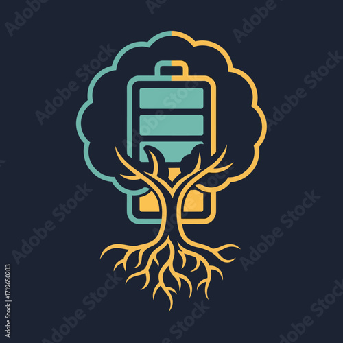 Vector icon illustrating the duality of nature and technology with a tree shaped like a rechargeable battery for green energy
