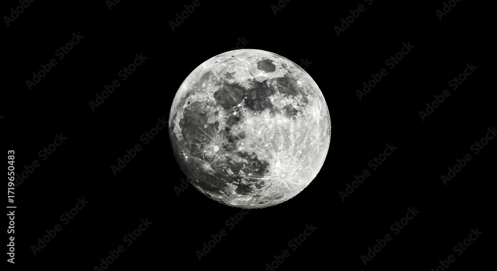 Obraz premium Detailed full moon in the dark night sky showcasing lunar surface features, craters and textures