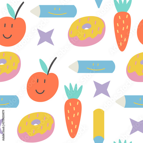 seamless pattern with school food elements in doodle style. Element for background, wallpaper, banner, backdrop, decoration, wrapping, packaging, prints, textile