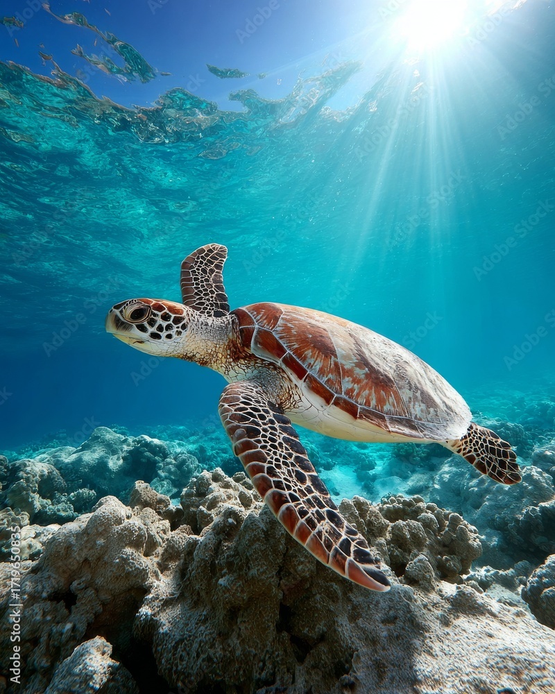 Obraz premium Sea Turtle Gliding Gracefully Over Coral Reef with Sunbeams Underwater