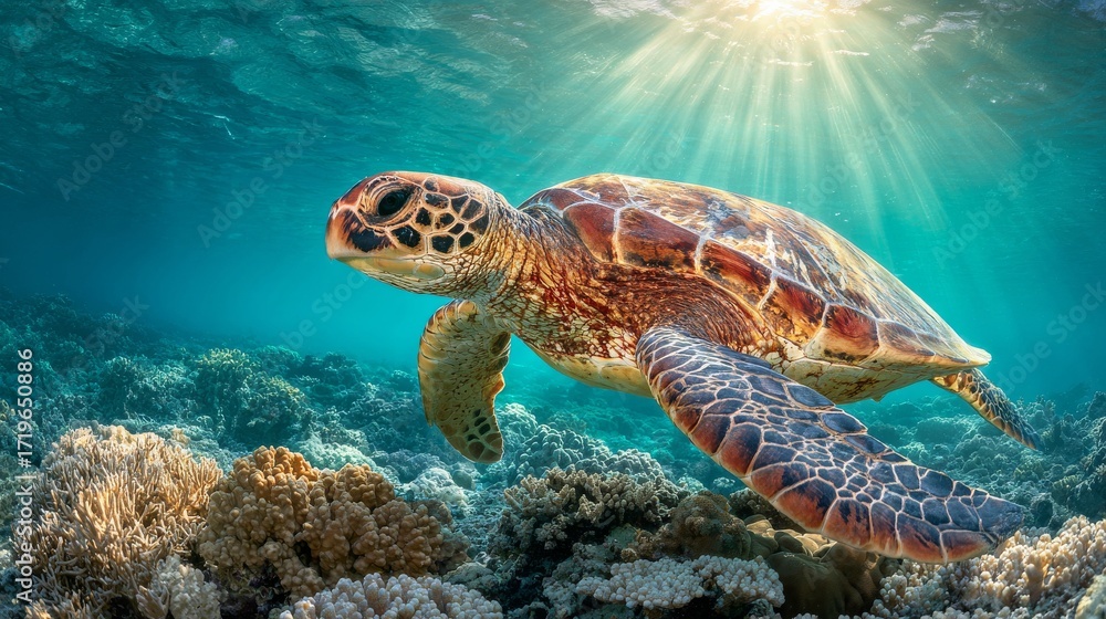 Fototapeta premium Sea Turtle Gliding Gracefully Over Coral Reef with Sunbeams Underwater