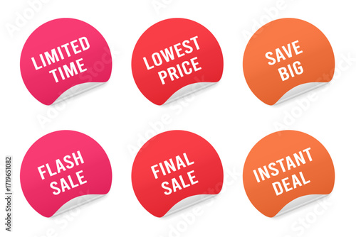 Vector set of round stickers with texts “LIMITED TIME,” “LOWEST PRICE,” “SAVE BIG,” “FLASH SALE,” “FINAL SALE,” and “INSTANT DEAL.” Red, pink, and orange colors. Perfect for discounts, promotions
