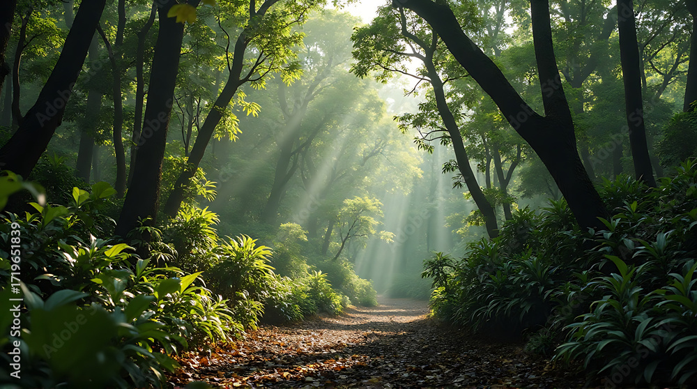 Obraz premium Sunlight streams through a lush forest path, illuminating the verdant undergrowth and towering trees.
