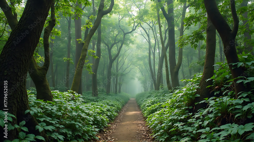 Obraz premium Misty forest path winding through lush green trees.