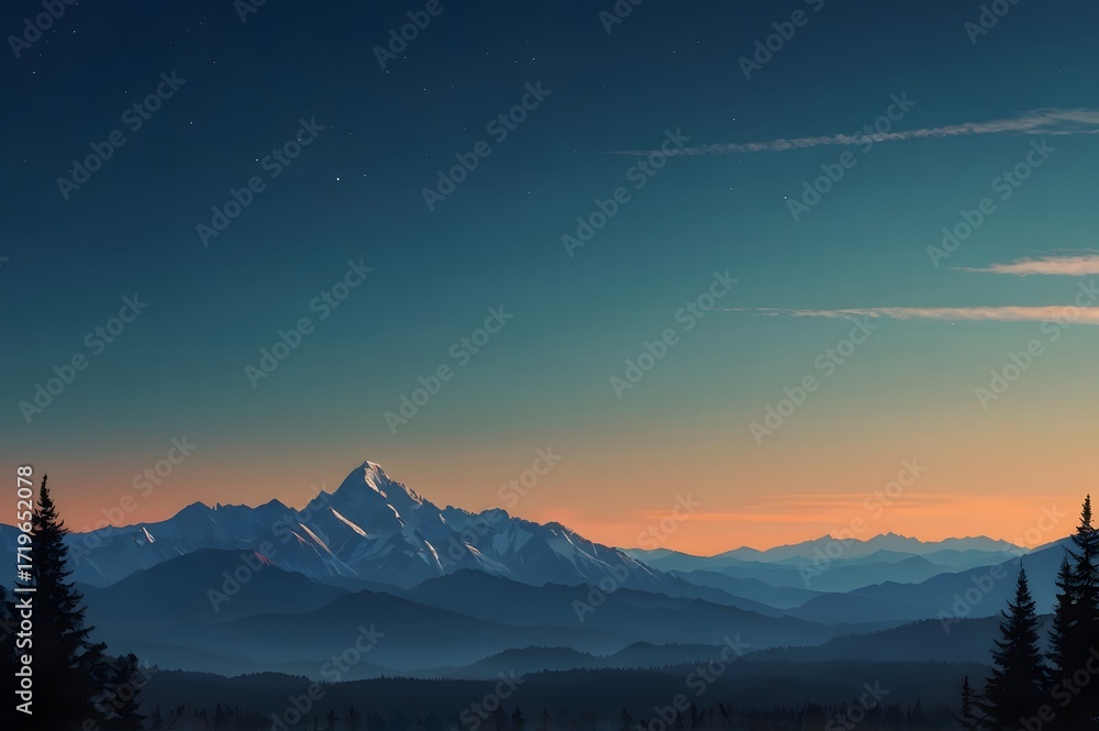 Obraz premium Majestic Snow-Capped Mountain Range Under Twinkling Night Sky with Stars and Silhouetted Forest