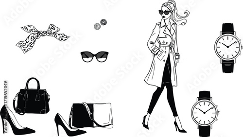 fashion, woman, silhouette, coat, heels, handbag, sunglasses, watch, bow, earrings, icon, vector, illustration, black, white, style, accessory, elegant, chic, outfit